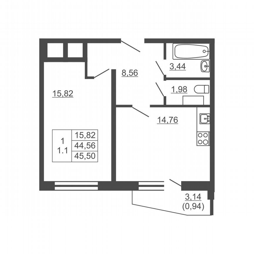 1-к. квартира, 45,5 м², 11/16 эт.
