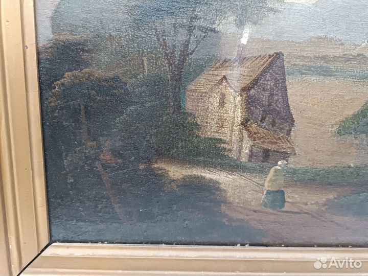 Картина антикварная холст масло Сельская жизнь Ра