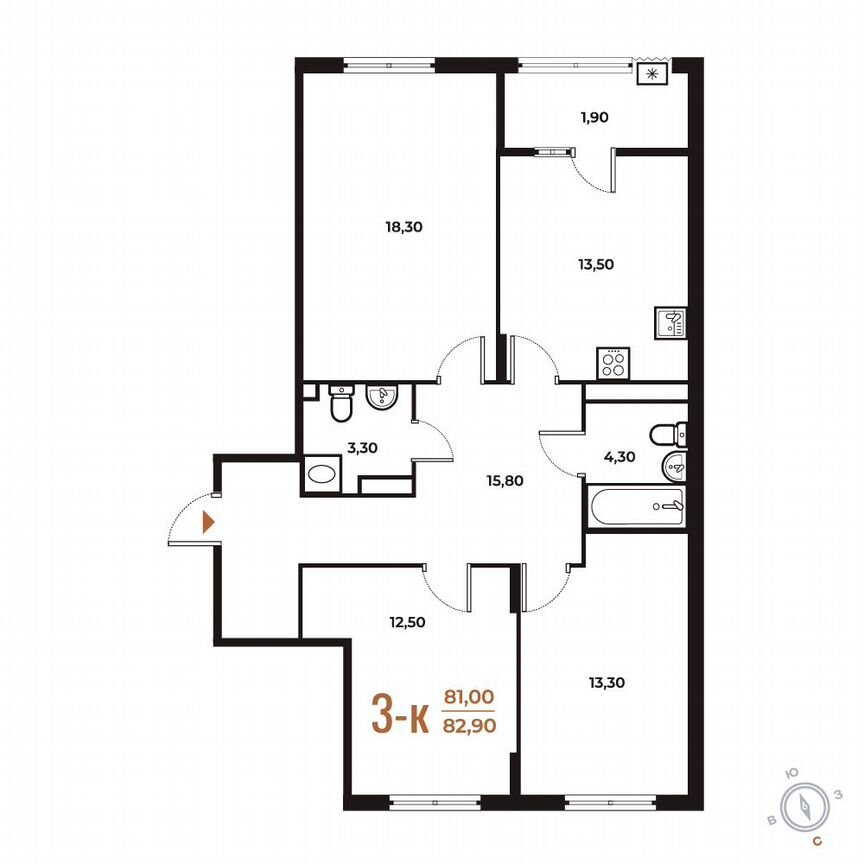 3-к. квартира, 82,9 м², 3/8 эт.