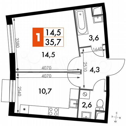 1-к. квартира, 35,7 м², 1/16 эт.