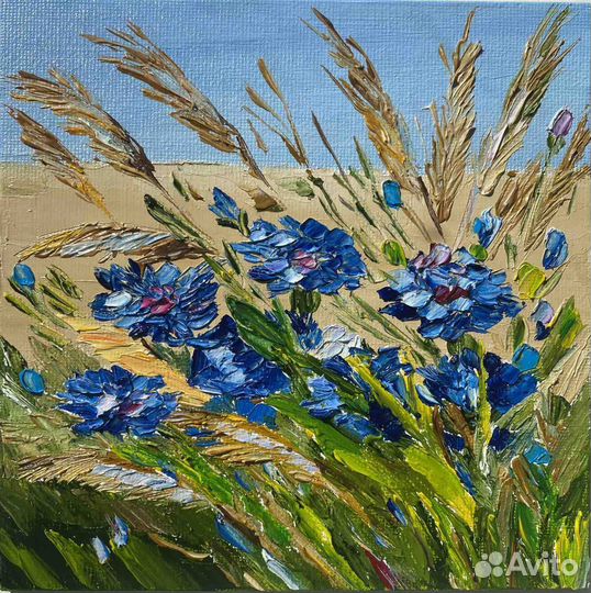 Картина маслом васильки. Миниатюра