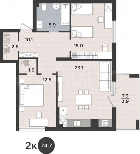 2-к. квартира, 74,7 м², 1/9 эт.