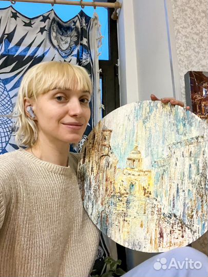 Дождь и музыка картина маслом круглая 40х40 см