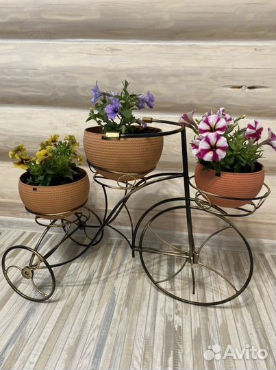 Подставка для цветов кованый велосипед на 3 кашпо