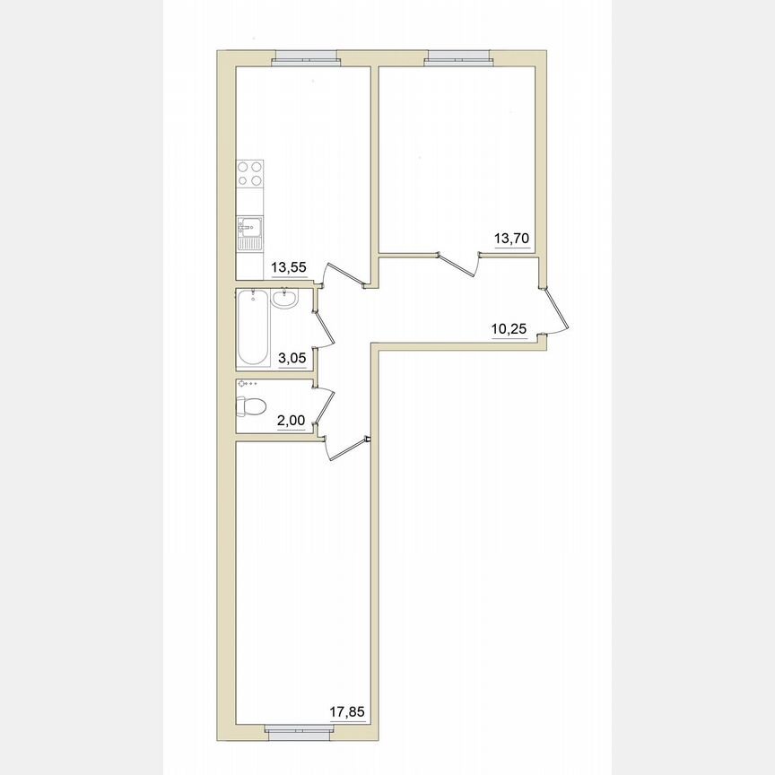 2-к. квартира, 60,4 м², 1/6 эт.