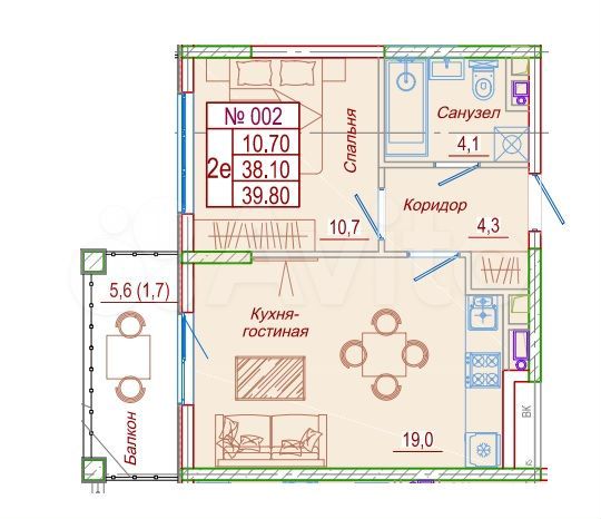 1-к. квартира, 39,8 м², 2/6 эт.