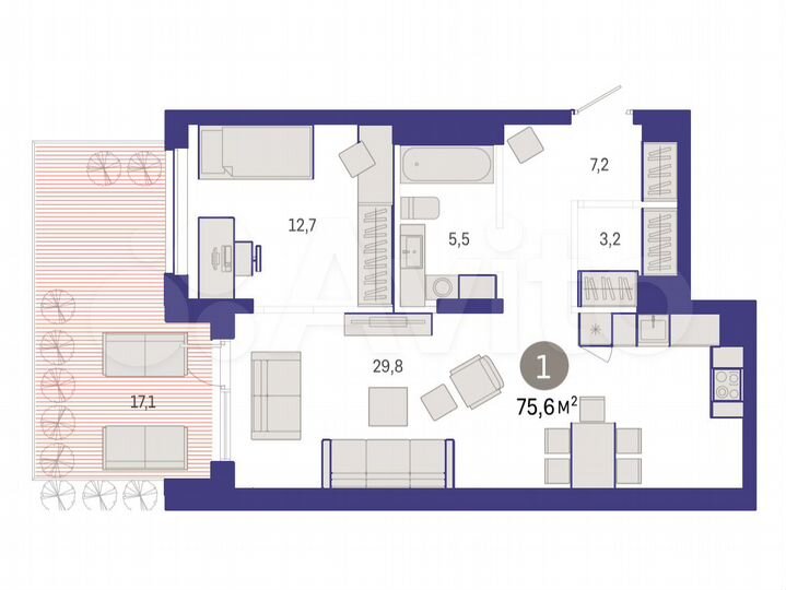 1-к. квартира, 75,6 м², 1/17 эт.