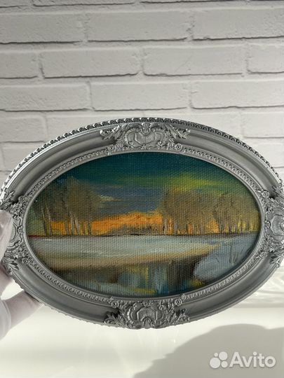 Картина маслом миниатюра в рамке Закат