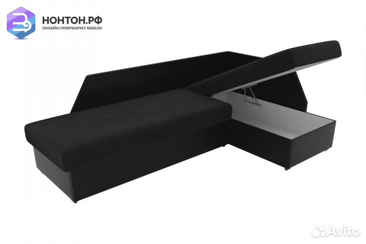 Диван угловой дельфин Андора велюр черный / экокож