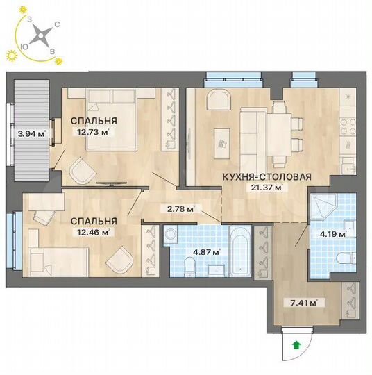 2-к. квартира, 69,8 м², 6/22 эт.