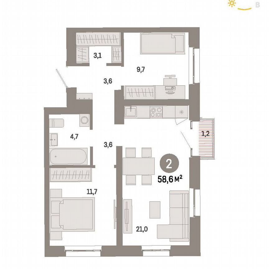 2-к. квартира, 58,6 м², 6/17 эт.