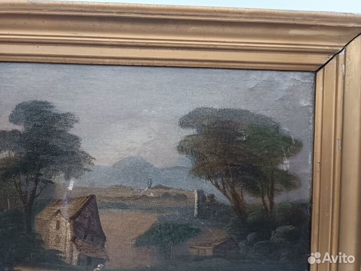 Картина антикварная холст масло Сельская жизнь Ра