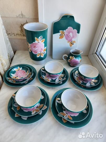 Красивый нежный сервиз агашки бирюзовое крытье