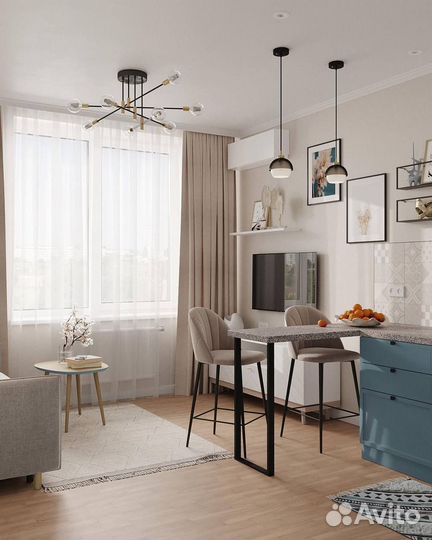 Кухня в голубом цвете с барной стойкой