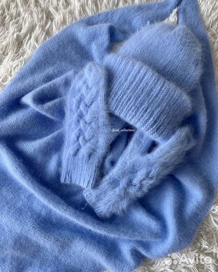 Шапка, бактус и варежки, комплект из ангоры