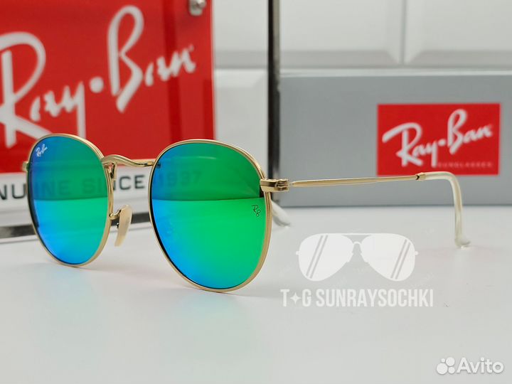 Очки Ray Ban 3447 Round Metal Зелёные Зеркальные