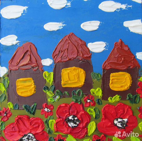 Картина маслом Деревенский пейзаж цветы и дома