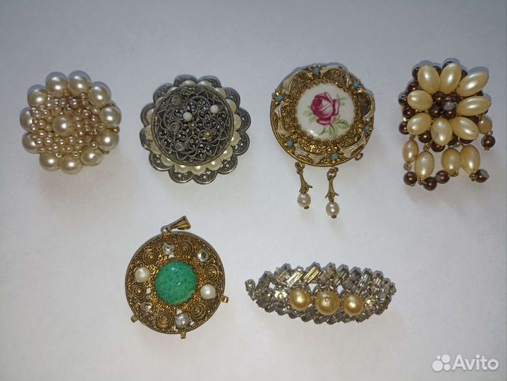 Броши жемчуг винтаж скань хрусталь