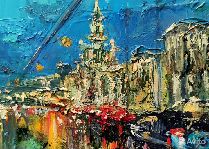 Картина маслом с городским пейзажем.Москва вечерня