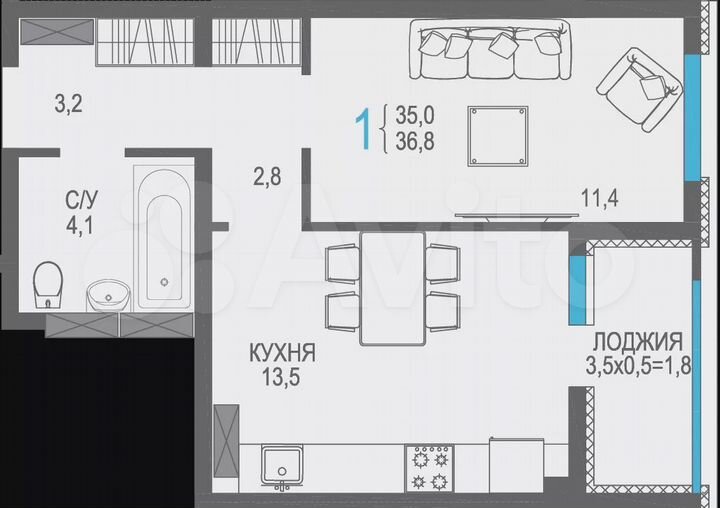 1-к. квартира, 36,8 м², 9/13 эт.