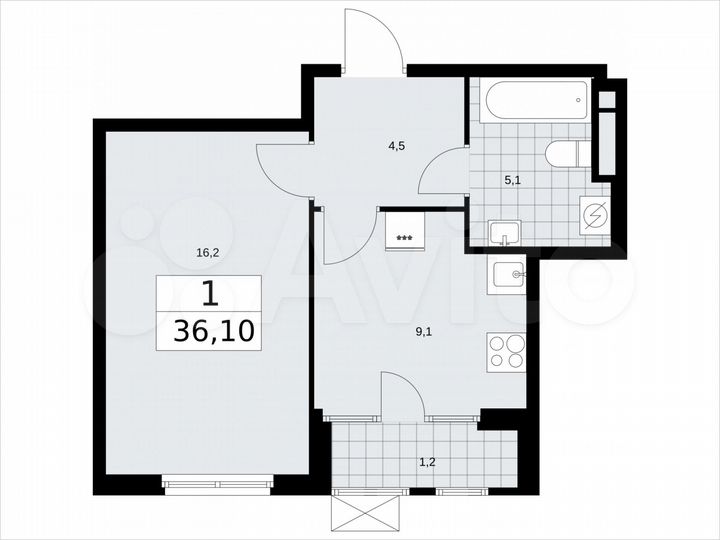 1-к. квартира, 36,1 м², 13/16 эт.