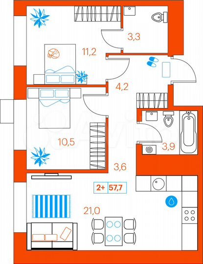 2-к. квартира, 57,7 м², 2/21 эт.