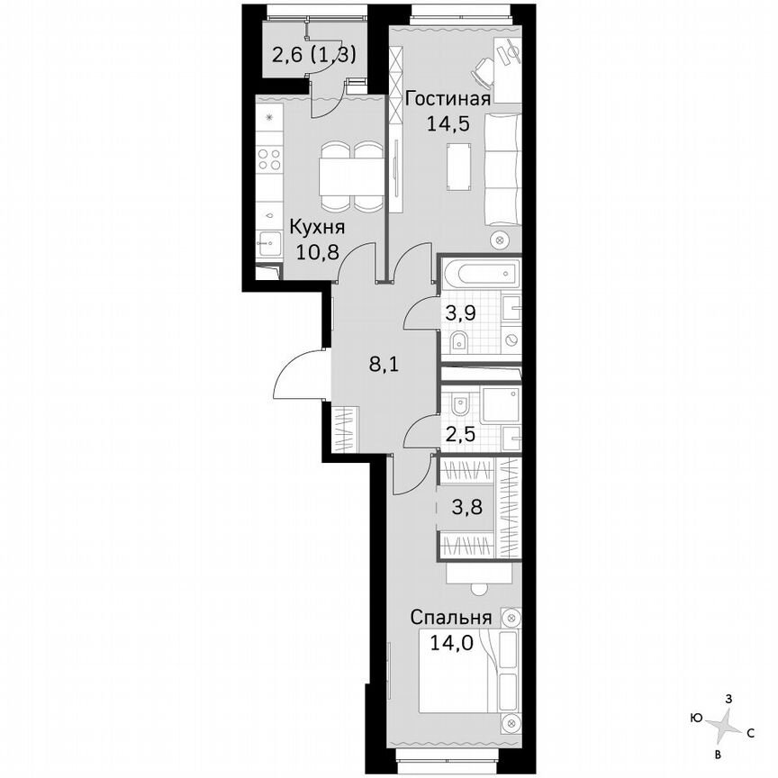 2-к. квартира, 59 м², 3/46 эт.
