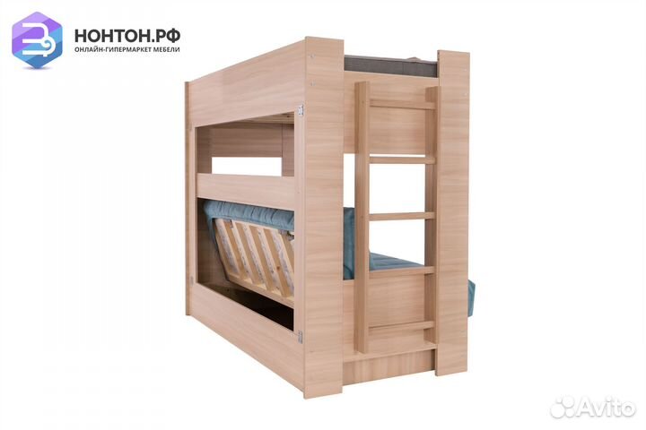 Двухъярусная кровать с диван-кроватью голубой / ши