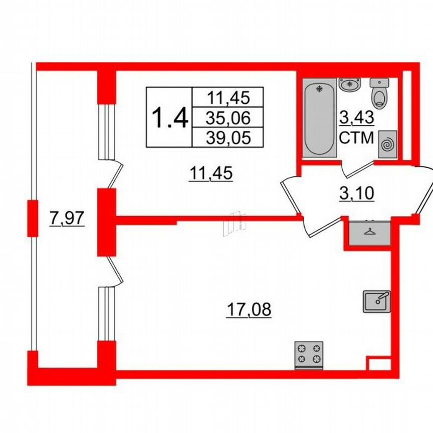 1-к. квартира, 35,1 м², 1/4 эт.