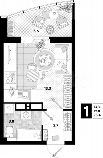 Квартира-студия, 25,4 м², 16/16 эт.