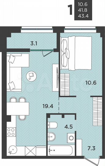 2-к. квартира, 43,4 м², 1/9 эт.