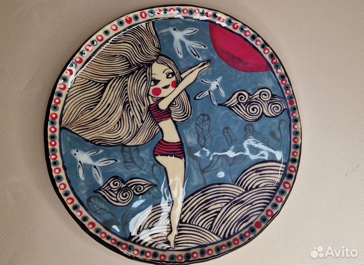 Тарелка керамическая, ручная роспись, диаметр 19 с