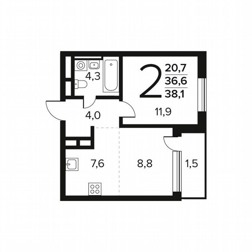2-к. квартира, 38,1 м², 7/11 эт.