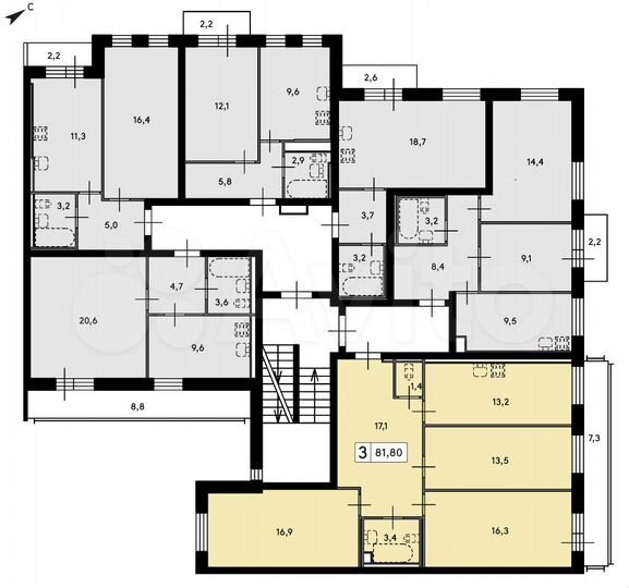 3-к. квартира, 81,8 м², 3/4 эт.