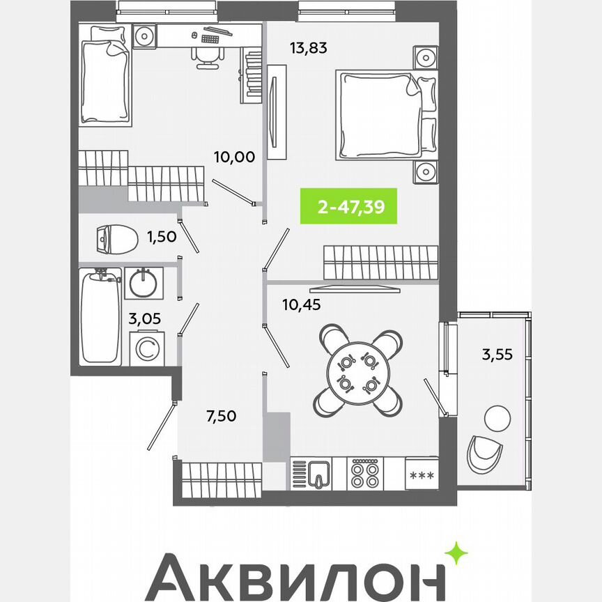 2-к. квартира, 47,4 м², 11/12 эт.
