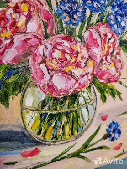 Картина маслом пионы васильки маслом цветы в вазе