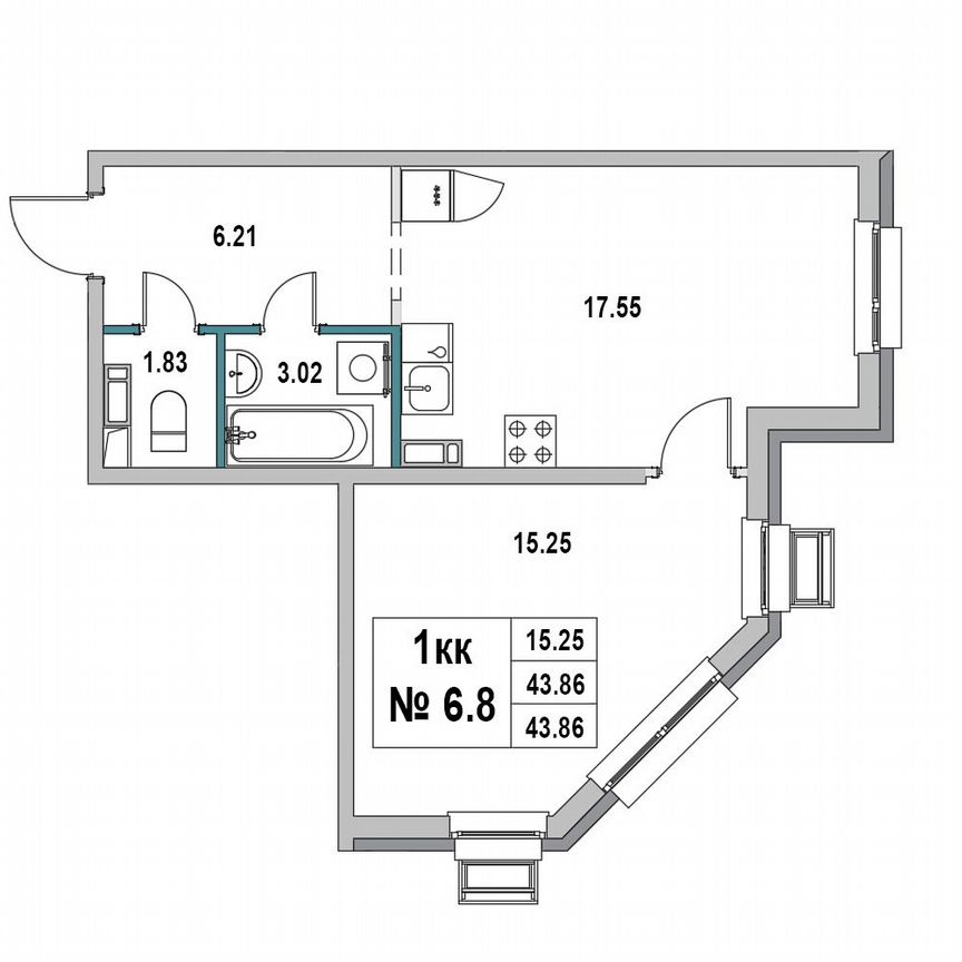 1-к. квартира, 43,9 м², 6/7 эт.