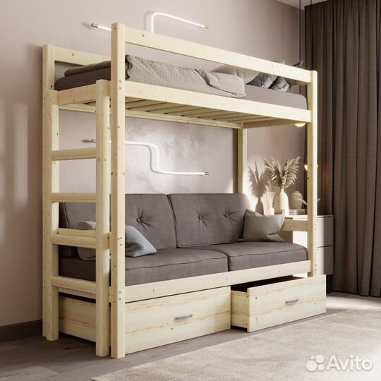 Кровать чердак с диваном из дерева