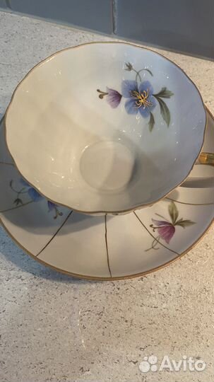 Чайная пара Дулево, костяной фарфор, фиалка