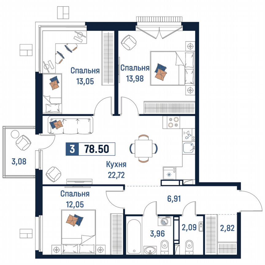 3-к. квартира, 78,5 м², 16/18 эт.