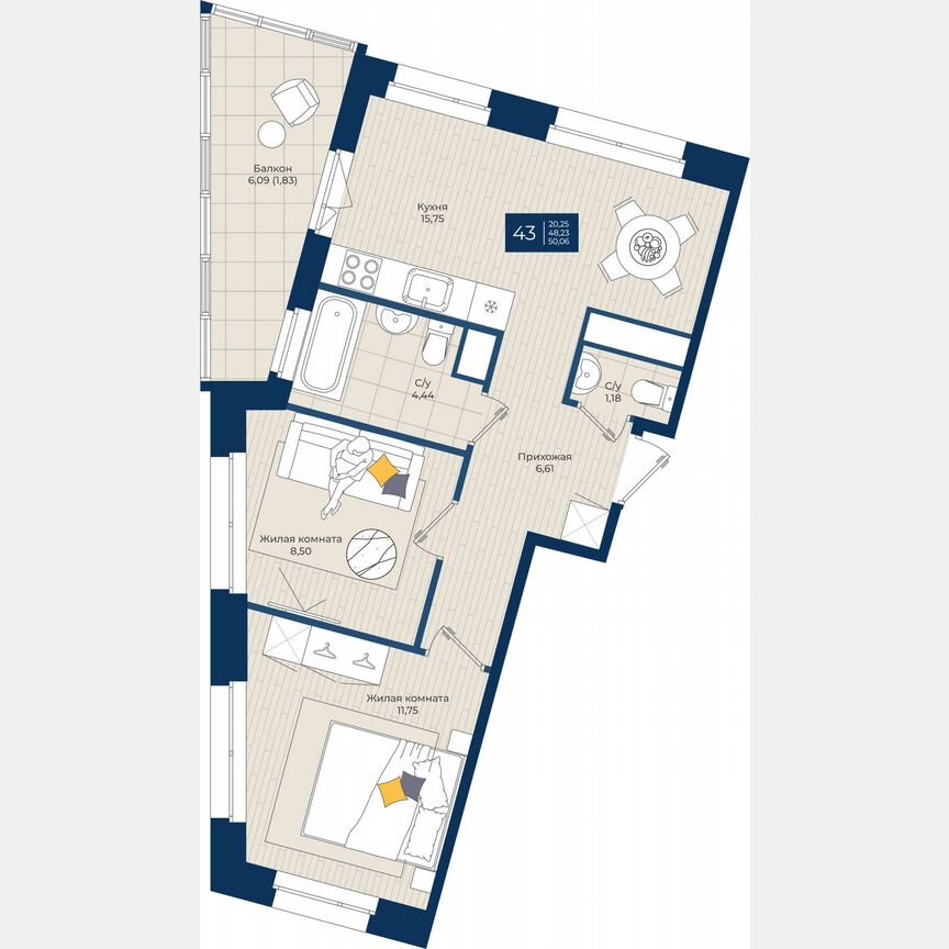 2-к. квартира, 50,1 м², 9/12 эт.