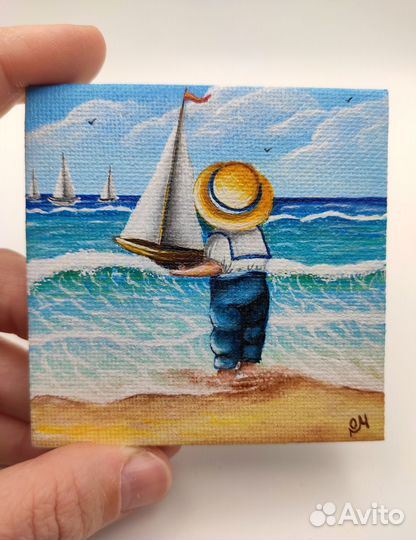 Магнит картина акрилом Мальчик с корабликом