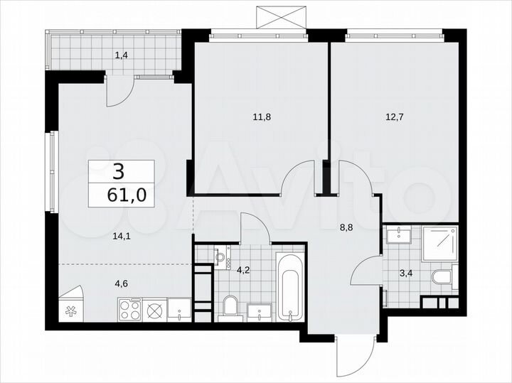 3-к. квартира, 61 м², 14/16 эт.