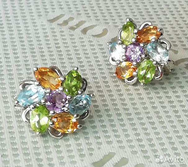 Серьги серебро аметист, топаз, цитрин С376