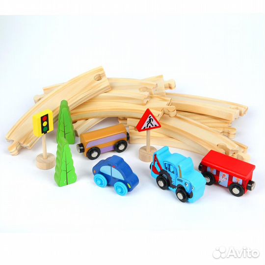 Деревянная железная дорога Буратино Синий трактор 21 элемент