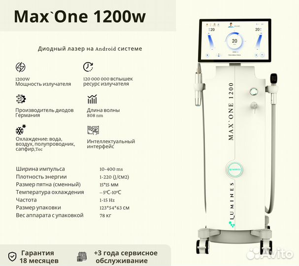 Диодный лазер для эпиляции люминес MaxOne 1200вт