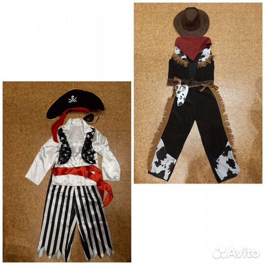Костюмы пирата (3 шт), ковбоя, Мальвины и Буратино
