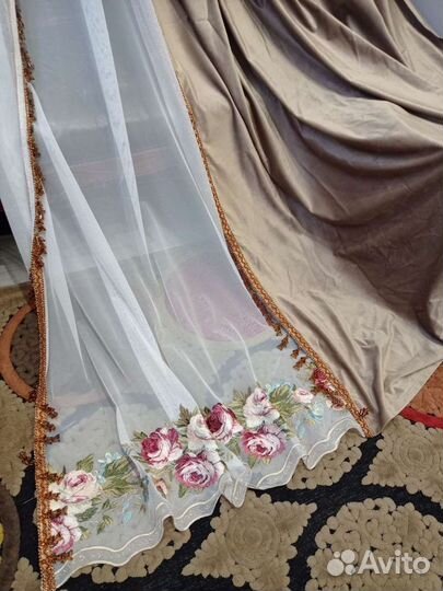 Комплект со стеклярусом.Штора бархатная/тюль новые