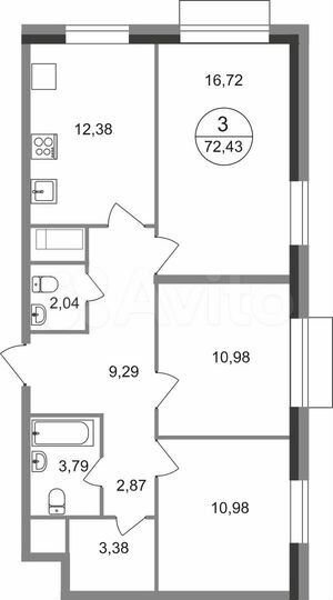 3-к. квартира, 72,4 м², 12/22 эт.