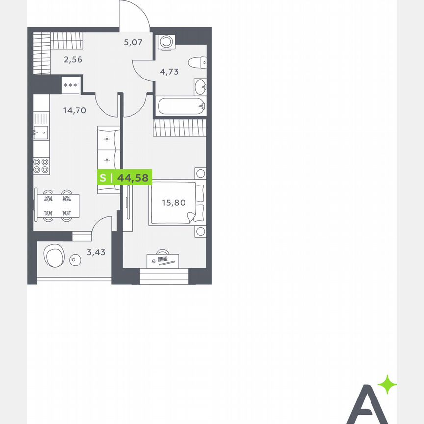 1-к. квартира, 44,6 м², 6/12 эт.